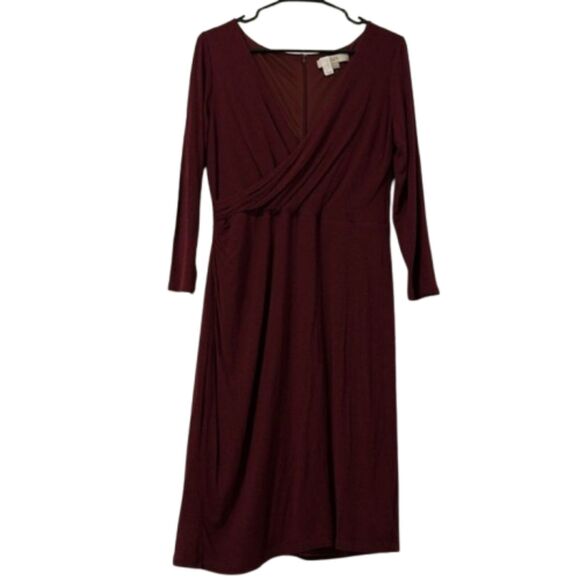 Ann Taylor Loft Cross Front Dress Stretchy Womens Medium Midi Wine Career Office - Picture 1 of 12